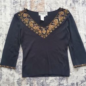 Vintage Joseph A. Black w/ Gold Beading embellished 3/4 sleeve knit top Sz Small